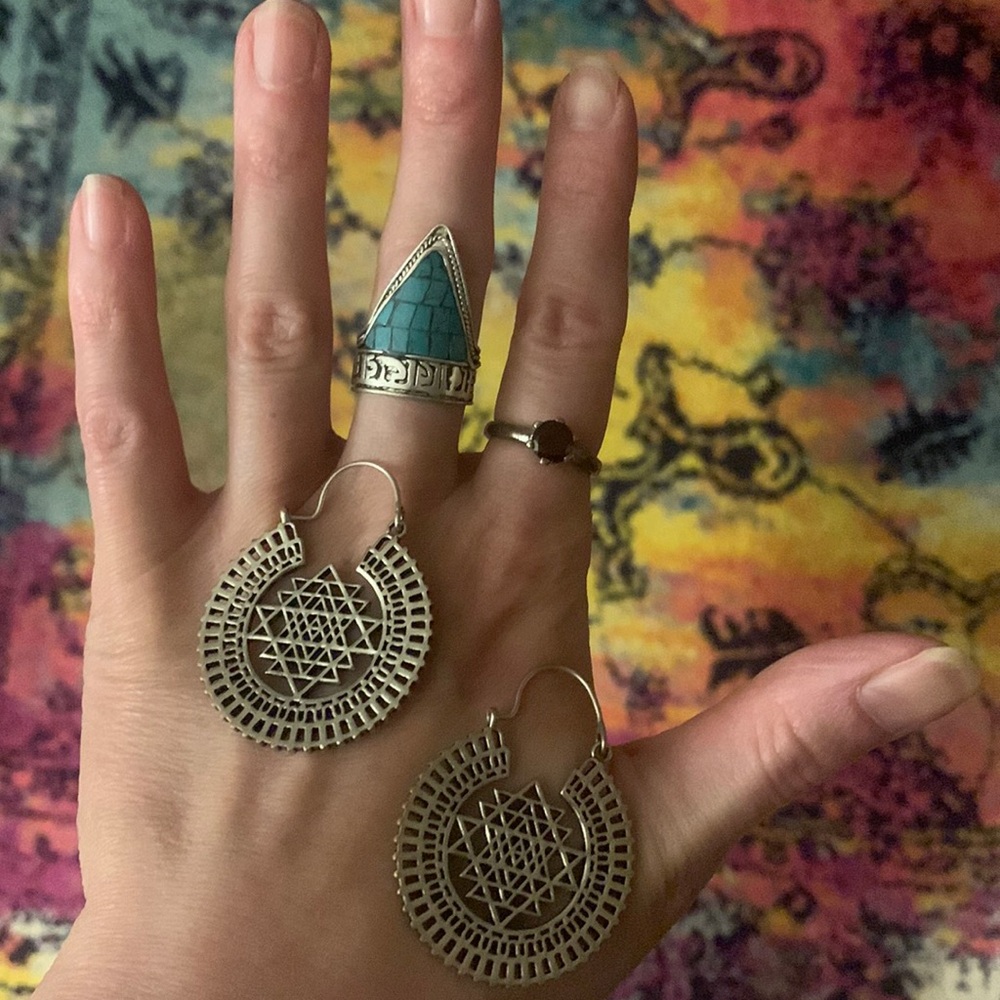 3PC Boho Jewelry SET 925s GARNET RING, Hoop Earrings, & Tibetan Adjustable Ring